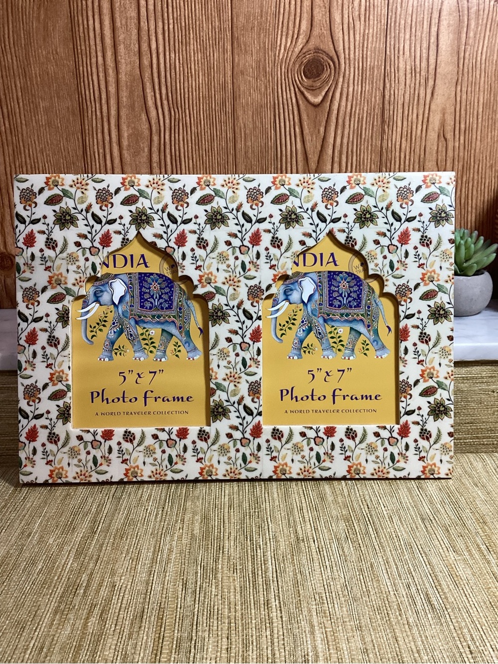 India Elephant Floral 5x7 Double Photo Frame by - Cream & Yellow